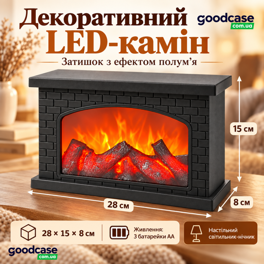 Декоративный камин-светильник 28×15×8 см с эффектом пламени — настольный LED-ночник на 3 AA