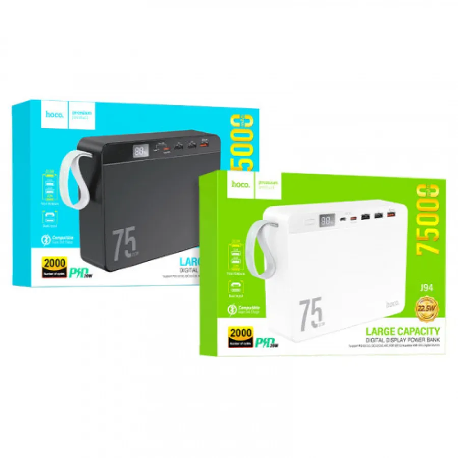 Зарядное устройство Hoco J94 повербанк Overlord 22.5W fully compatible PD20W/QC/LCD 75 000mAh ЧорнаPowerBank