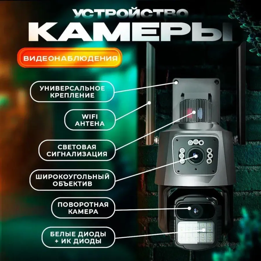 Поворотна подвійна вулична IP-камера 12 MP відеоспостереження з нічним баченням Wi-fi та сиреною PTZ Icsee