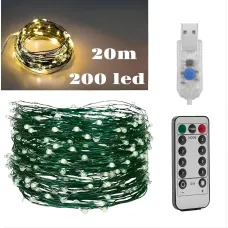 Гирлянда Роса USB, 20 метров, 200 LED на зеленой проволоке с пультом, светодиодная гирлянда для ёлки