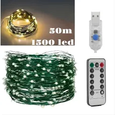 Гирлянда Роса USB, 50 метров, 1500 LED на зеленой проволоке с пультом, светодиодная гирлянда для ёлки
