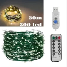 Гирлянда Роса USB, 30 метров, 300 LED на зеленой проволоке с пультом, светодиодная гирлянда для ёлки