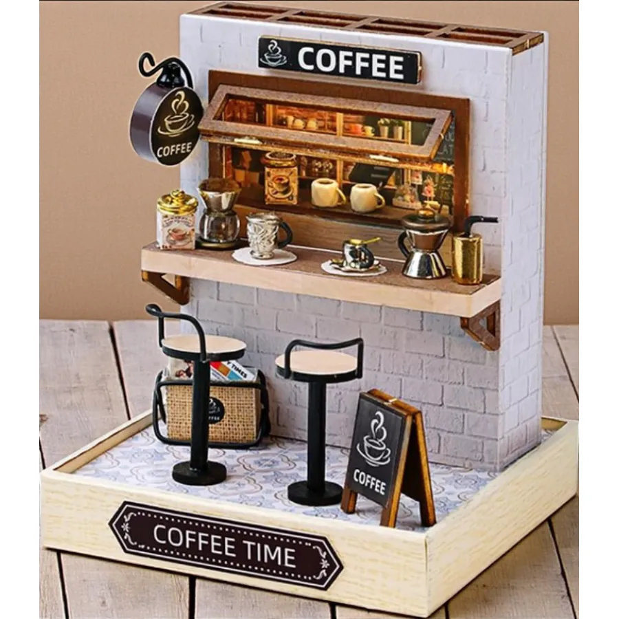 Румбокс кав'ярня з підсвічуванням 3D DIY Dollhouse Roombox міні кафе 11,5 × 9 × 9 см, інтер'єрний конструктор