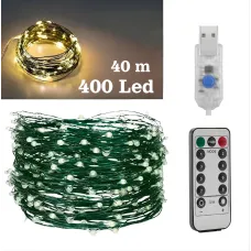 Гирлянда Роса USB, 40 метров, 400 LED на зеленой проволоке с пультом, светодиодная гирлянда для ёлки