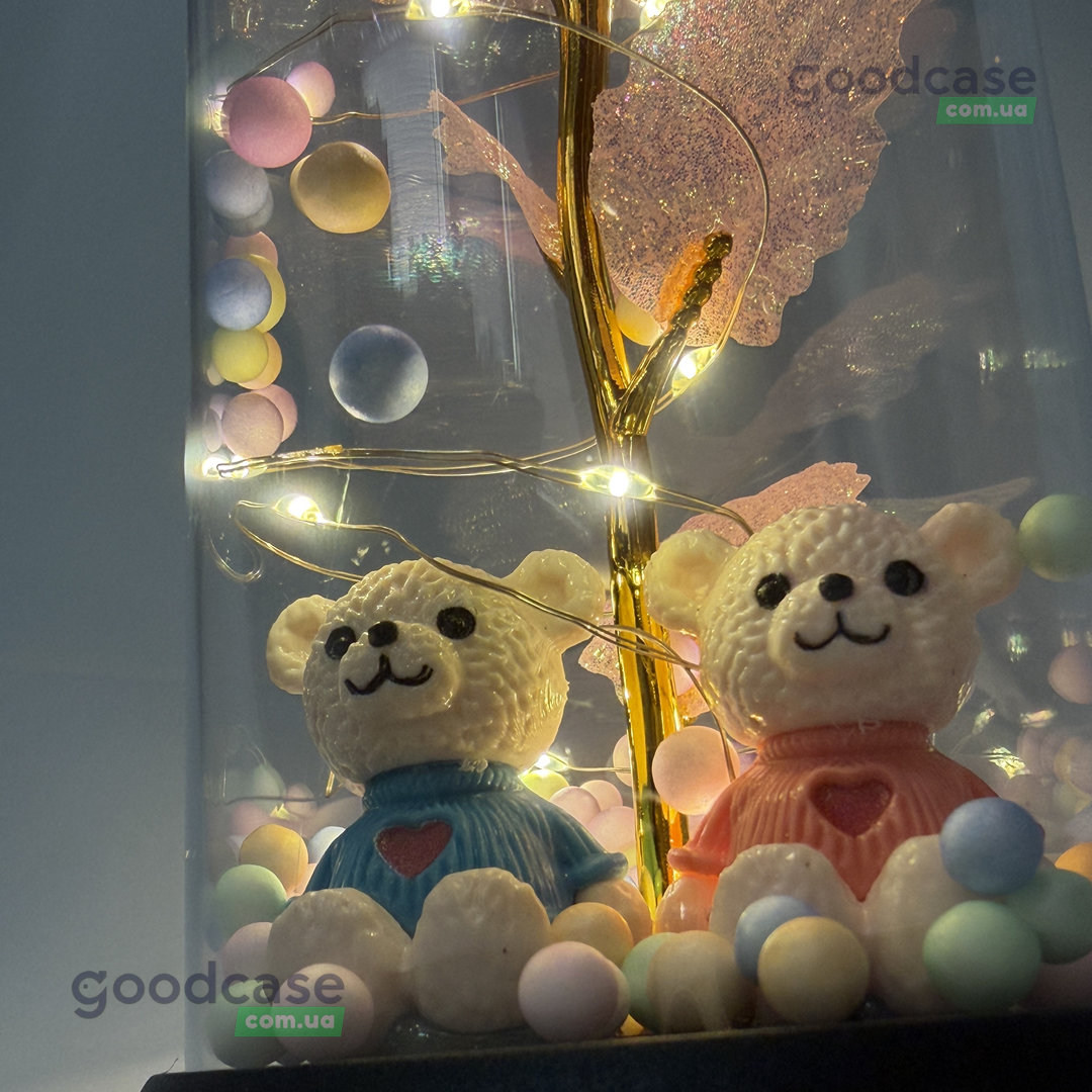 Роза в колбе с LED-подсветкой и двумя мишками 19 см в подарочной коробке