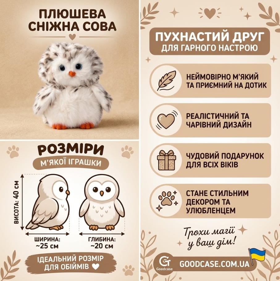 Мягкая игрушка сова совушка пушистая 40 см